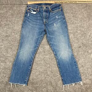 Levis 505 Jeans Womens Size 28 Blue Straight Leg Distressed Raw Hem Denim